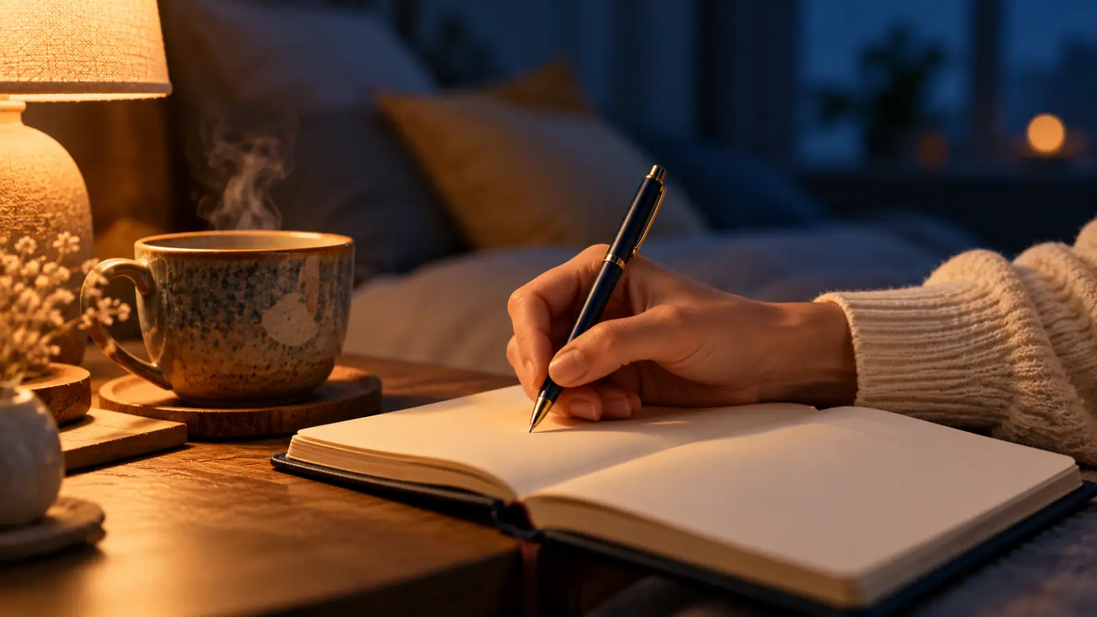 Main qui écrit dans un carnet sur la table de nuit, à la lumière d’une lampe, avant de dormir