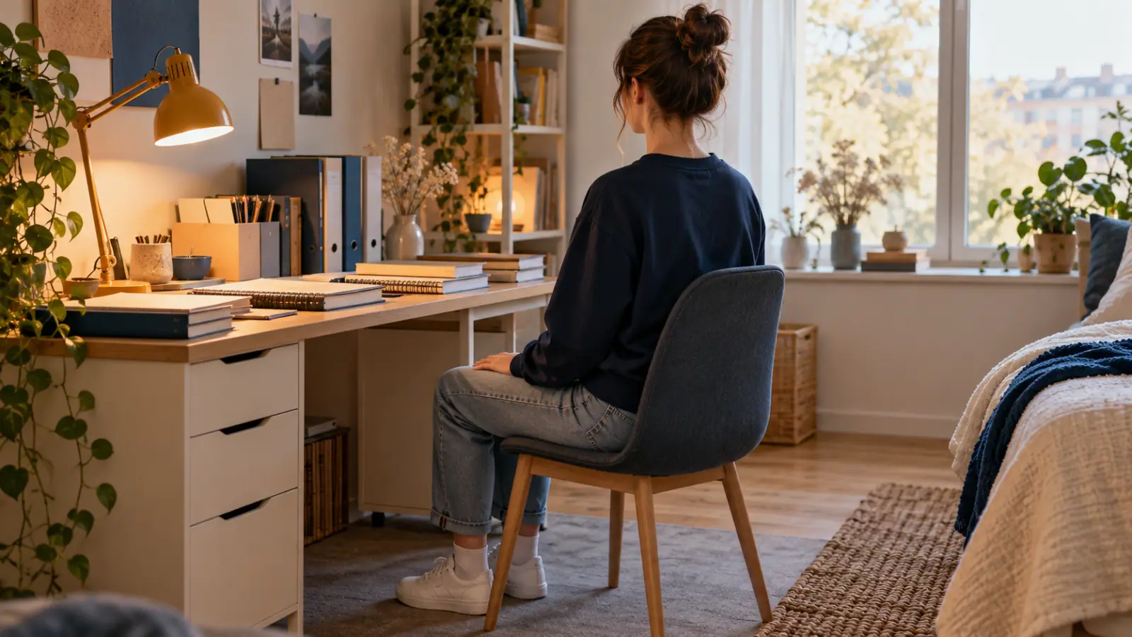 Étudiante assise bien droite devant ses cours, mains posées sur les cuisses, pendant un exercice de respiration