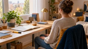 Étudiante de dos à son bureau de révision, en pause de respiration, dans une lumière douce