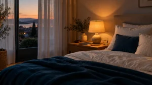 Chambre calme le soir, lampe de chevet à la lumière chaude, lit prêt pour la nuit, sans écran